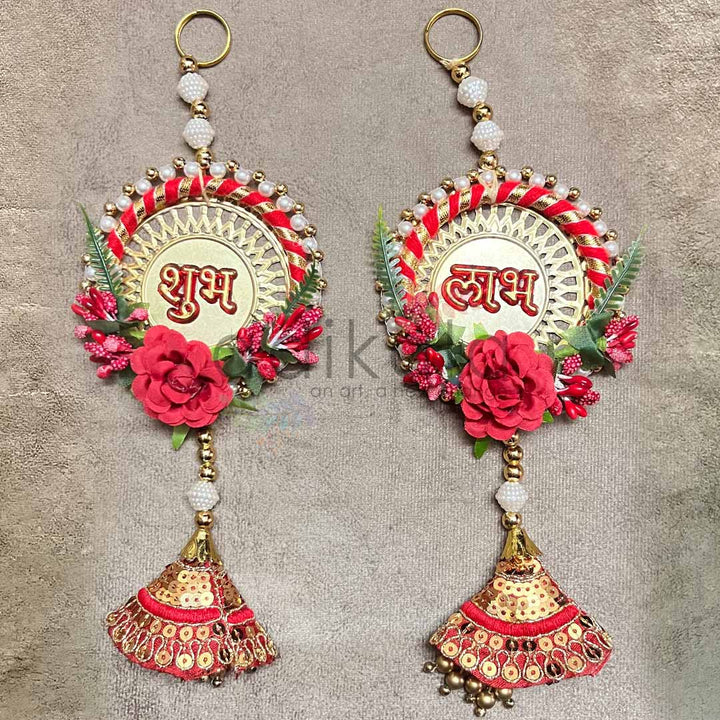 Red Color Floral With Zari Cone & Subh Labh Hanging Pair