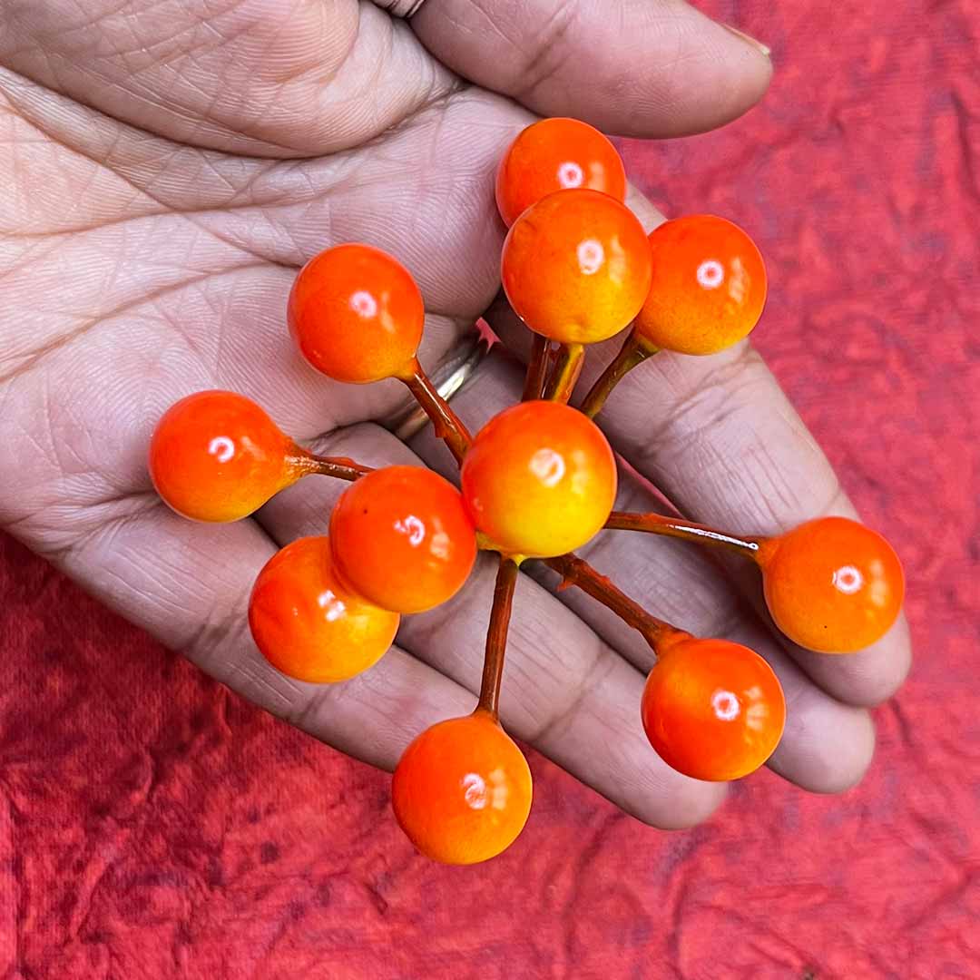 Christmas Orange Color Round Shape Berries Filler Bunch Set Of 5