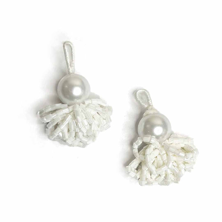 White Big Bead With Katdana Ruffled Tassels Pack Of 2