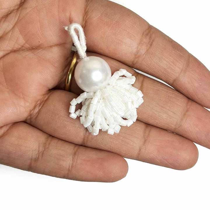 White Big Bead With Katdana Ruffled Tassels Pack Of 2