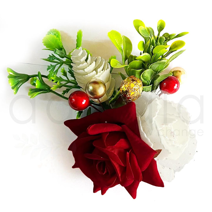 Maroon Rose & White Foam Flowers Bunch For Festive, Christmas Decoration & Wedding Set of 2