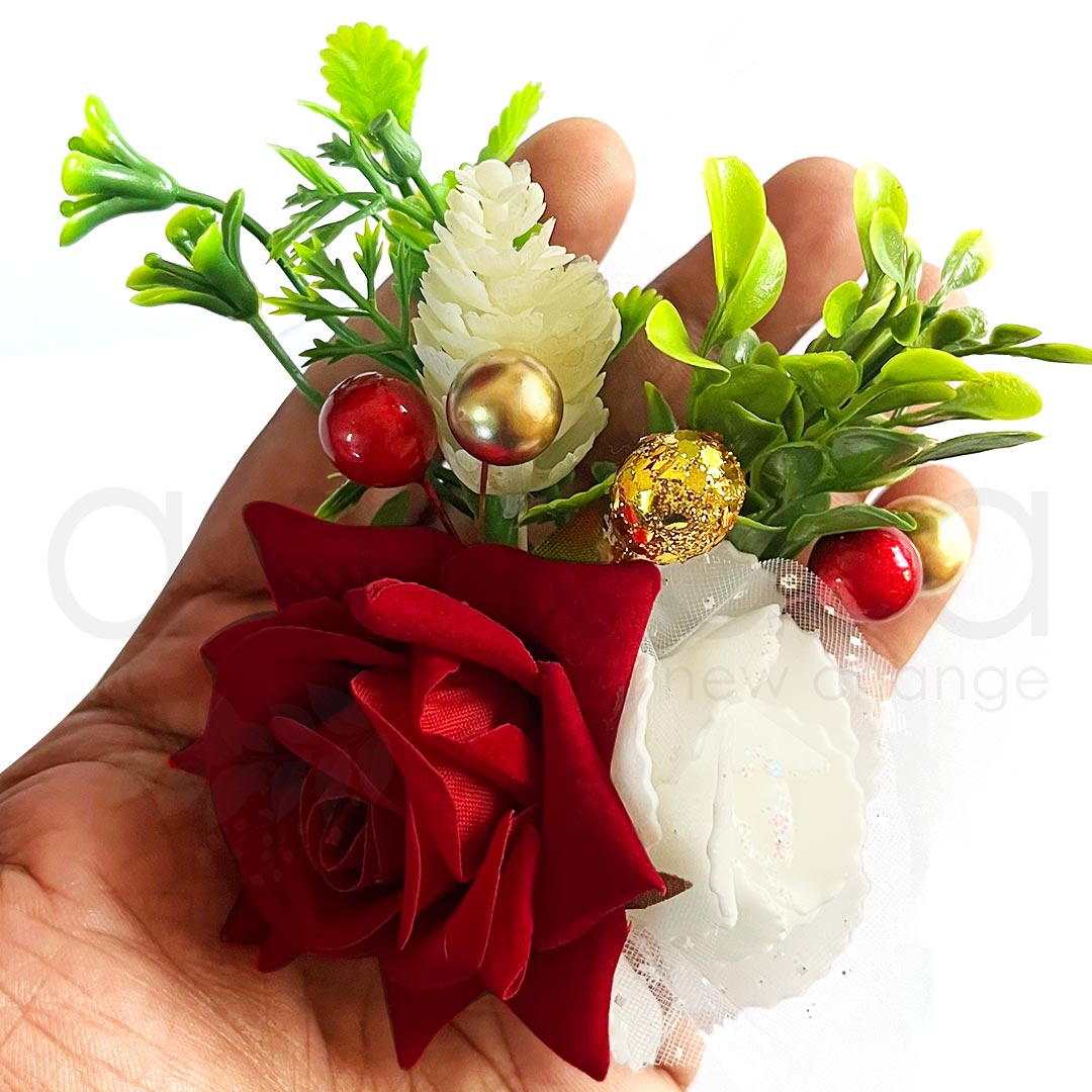 Maroon Rose & White Foam Flowers Bunch For Festive, Christmas Decoration & Wedding Set of 2