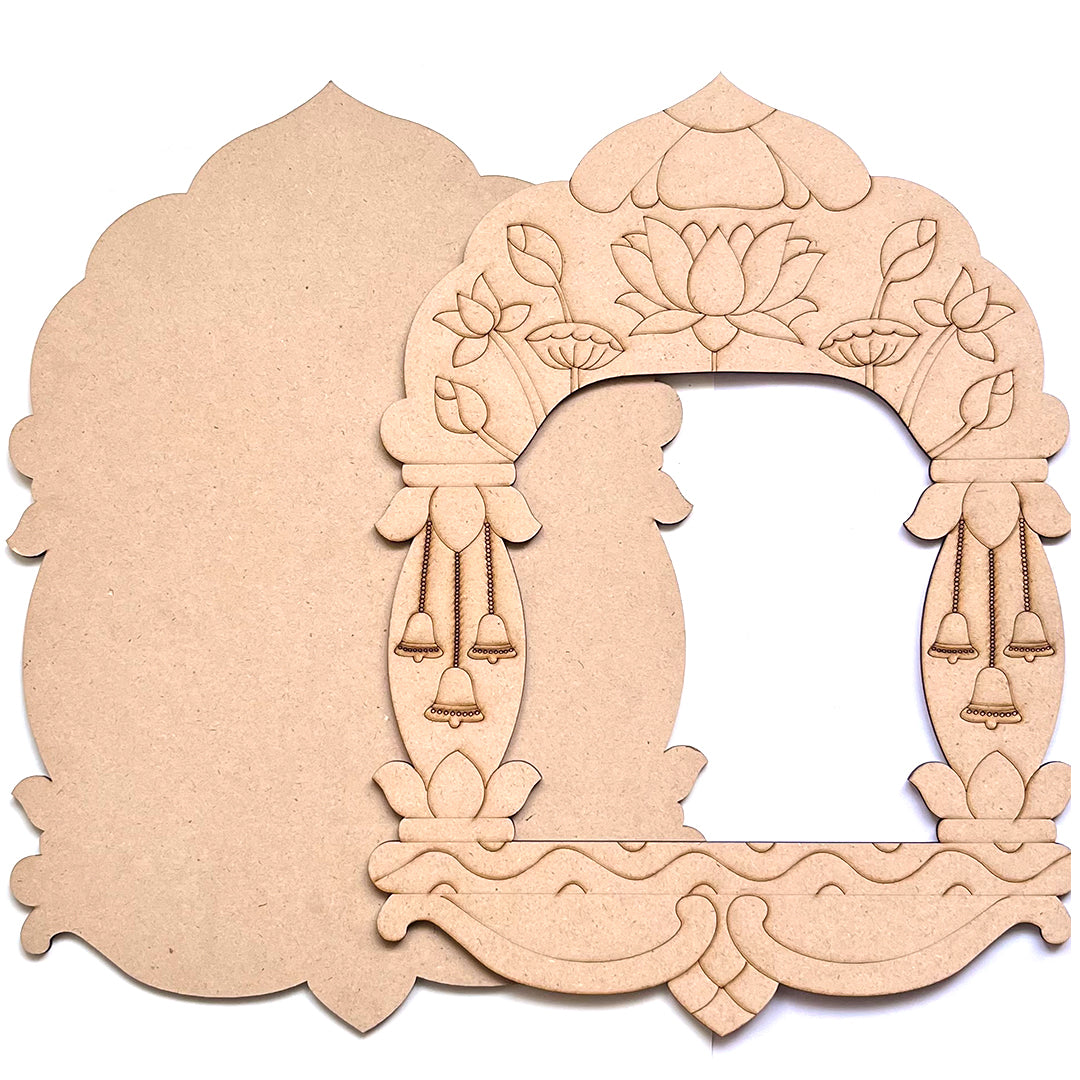 Pre-marked Lotus & Bells Jharokha Mdf Cutout for DIY Art And Craft, Wall Hanging Decorations, Festival Gift, Wedding Design No.11