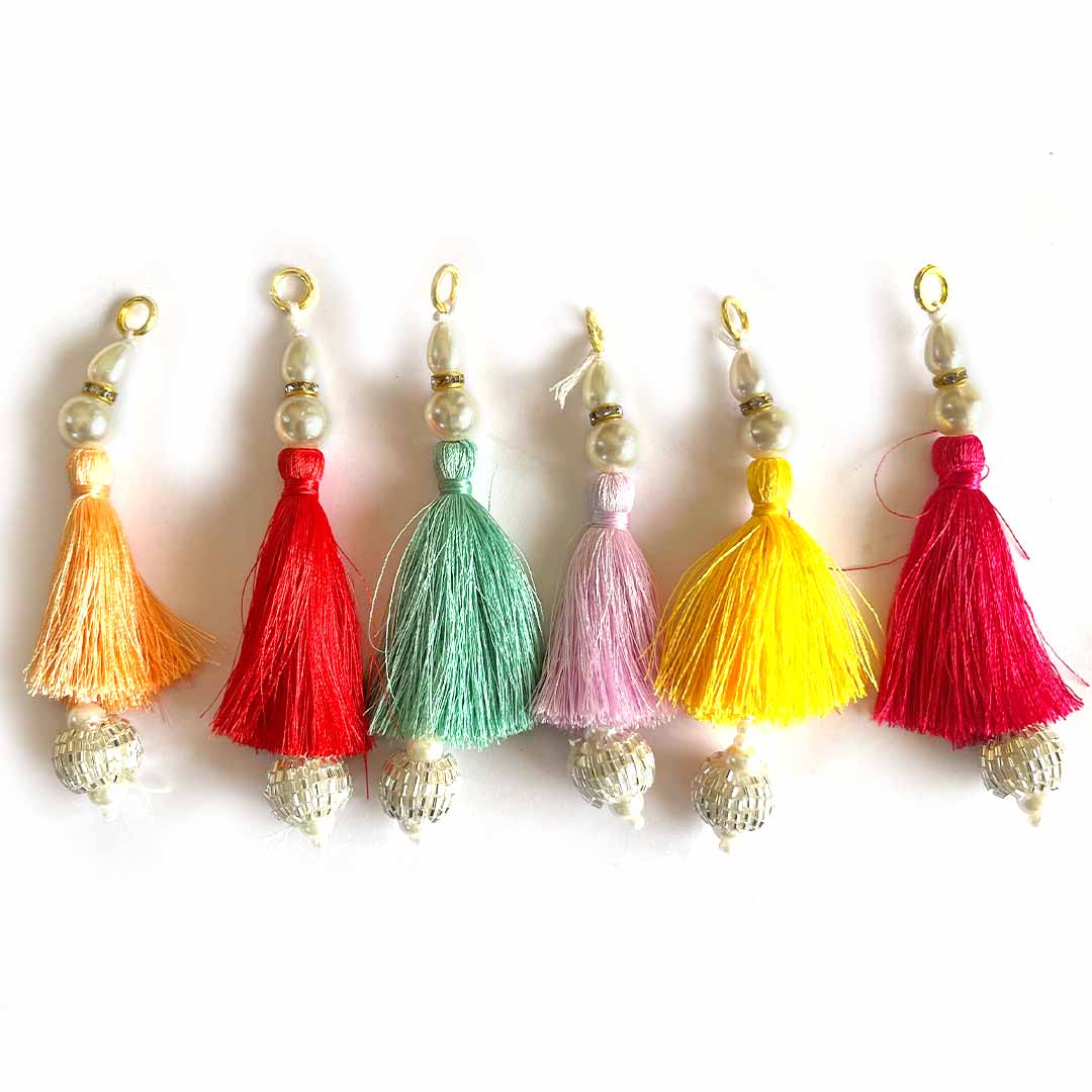 Mutlicolor Color Thread Cutdana Tassels With Beads Set Of 12