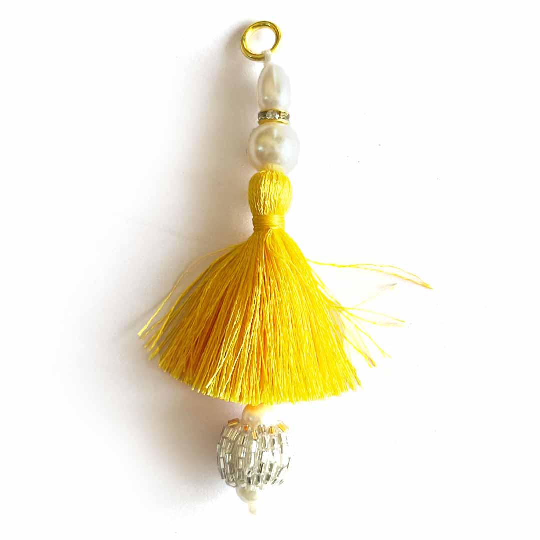 Yellow Color Thread Cutdana Tassels With Beads Set Of 2