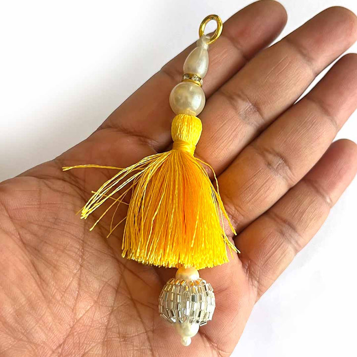 Yellow Color Thread Cutdana Tassels With Beads Set Of 2