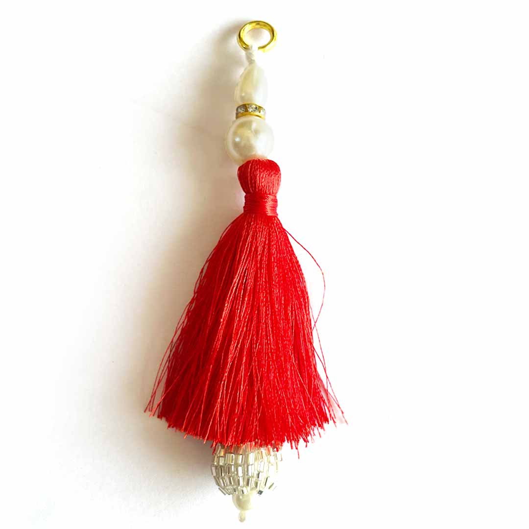 Red Color Thread Cutdana Tassels With Beads Set Of 2