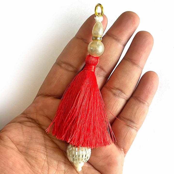 Red Color Thread Cutdana Tassels With Beads Set Of 2