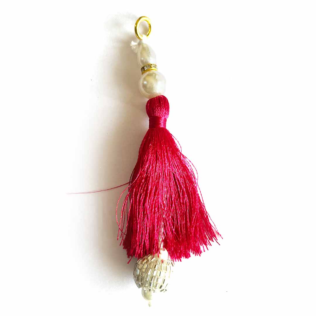 Rani Pink Color Thread Cutdana Tassels With Beads Set Of 2