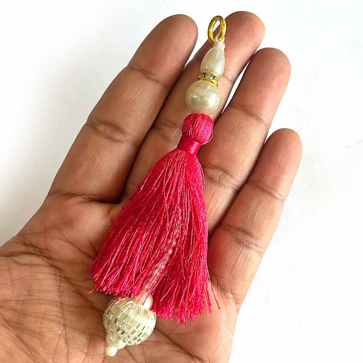 Rani Pink Color Thread Cutdana Tassels With Beads Set Of 2