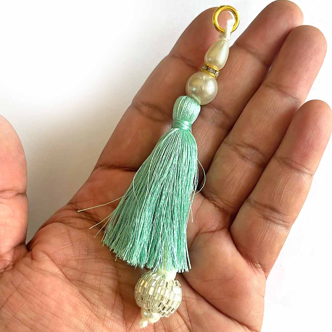 Sea Green Color Thread Cutdana Tassels With Beads Set Of 2