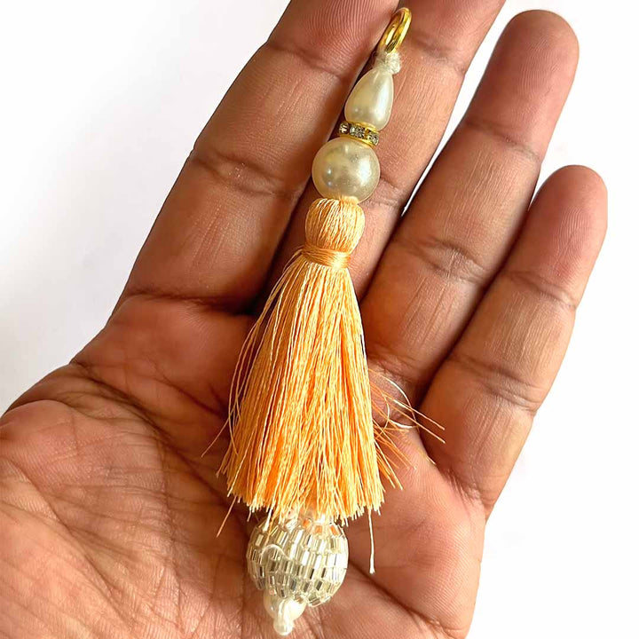 Peach Color Thread Cutdana Tassels With Beads Set Of 2