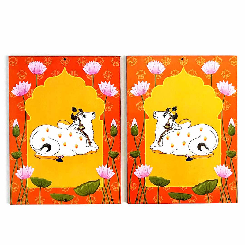 Pichwai Cow With Lotus Printed Orange Jharokha MDF For Festive Decoration Crafts DIY