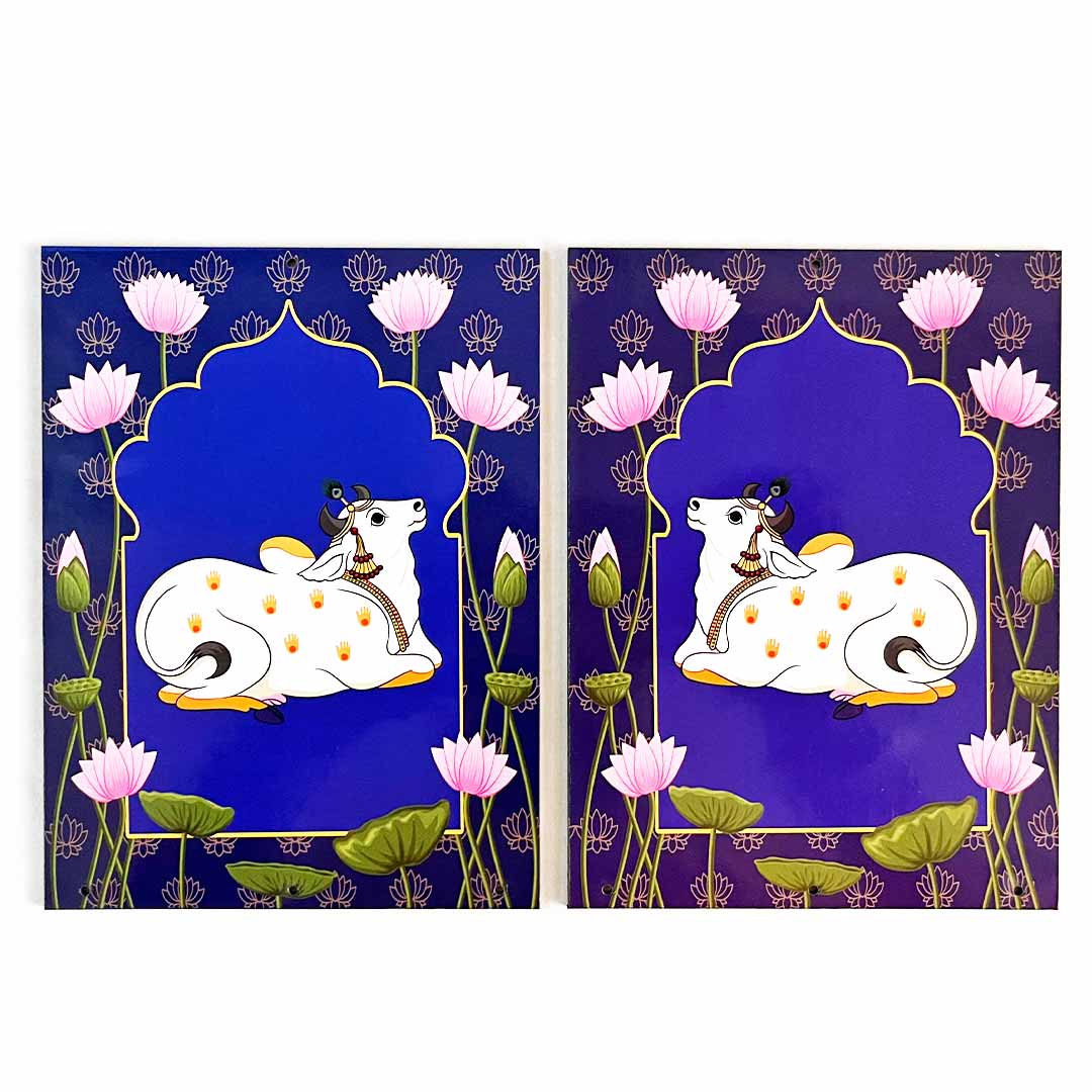 Pichwai Cow With Lotus Printed Blue Jharokha MDF For Festive Decoration Crafts DIY