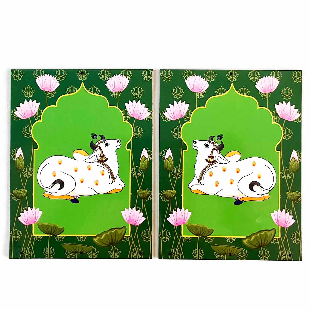 Pichwai Cow With Lotus Printed Green Jharokha MDF For Festive Decoration Crafts DIY