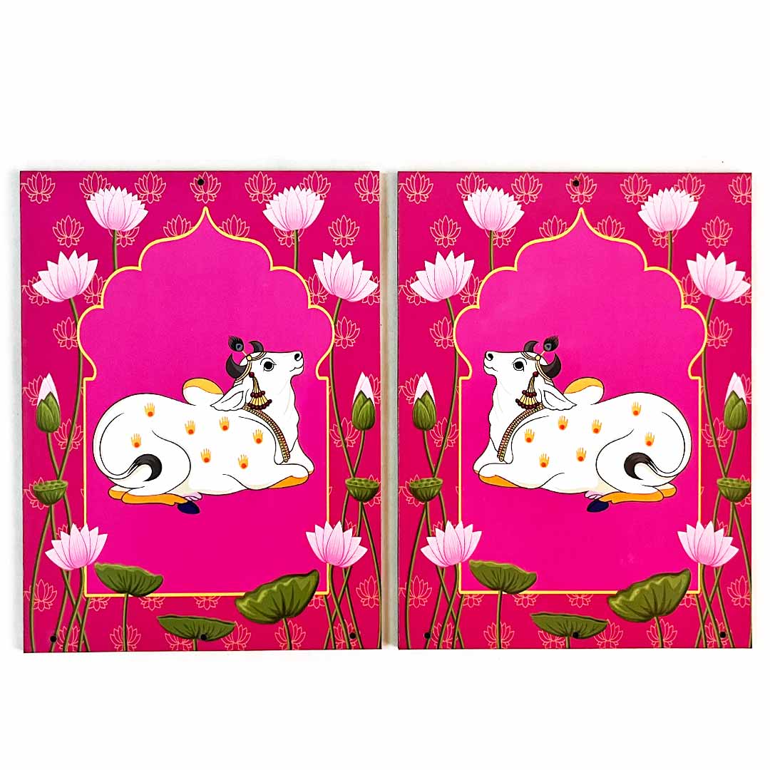 Pichwai Cow With Lotus Printed Rani Pink Jharokha MDF For Festive Decoration Crafts DIY