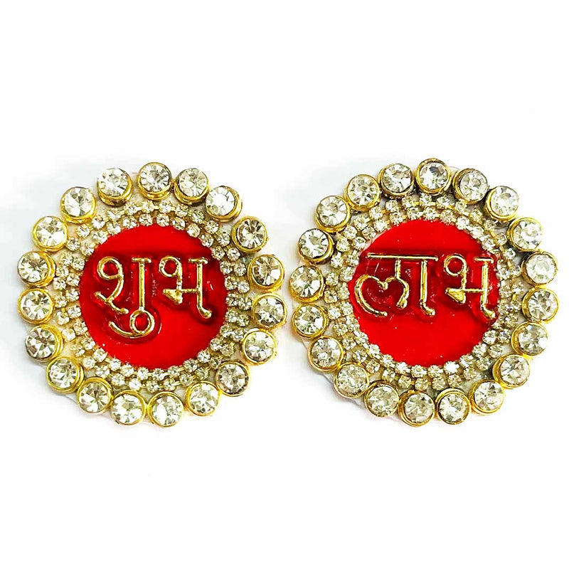 Red Color Booti | red Color Patches | Rhinestones Booti | Shubh Labh Patch | Shubh Labh Booti  | Red Color Shubh Labh | Temple Decoration | Mandir | Pooja | Craft | Art | Decoration | Homes | Decor | festval | Adikala Craft Store | Adikala 