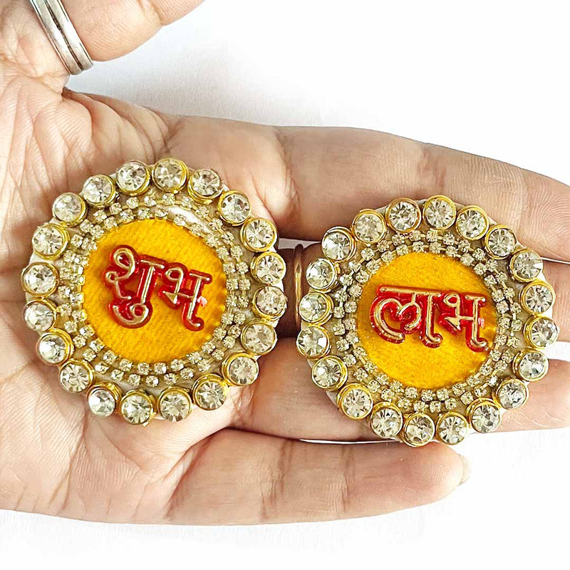 Yellow Color Shubh Labh Round Rhinestones Booti Pack Of 5 Pair For bandhanbar Decorations & DIY Craft