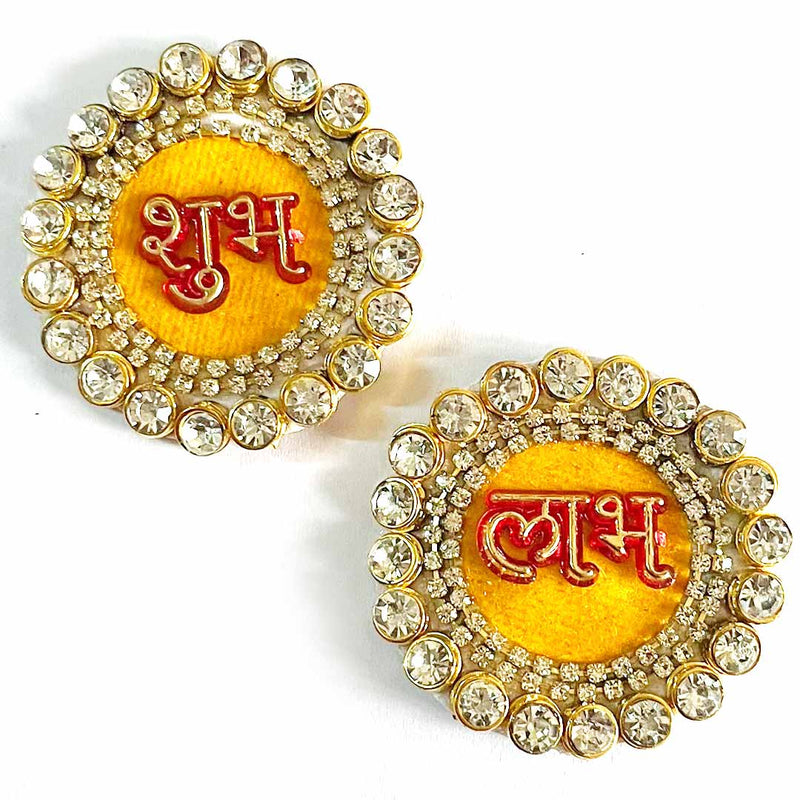 Yellow Color Shubh Labh Round Rhinestones Booti Pack Of 5 Pair For bandhanbar Decorations & DIY Craft