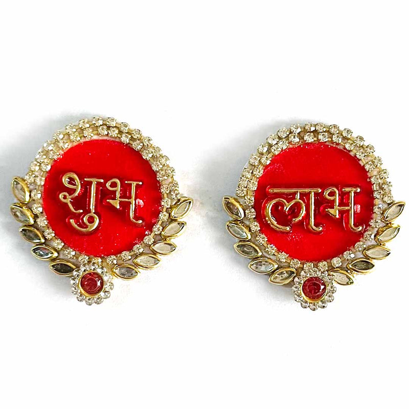 Red Color Shubh Labh with red jarkan Round Rhinestones Booti Pack Of 5 Pair For bandhanbar Decorations & DIY Craft