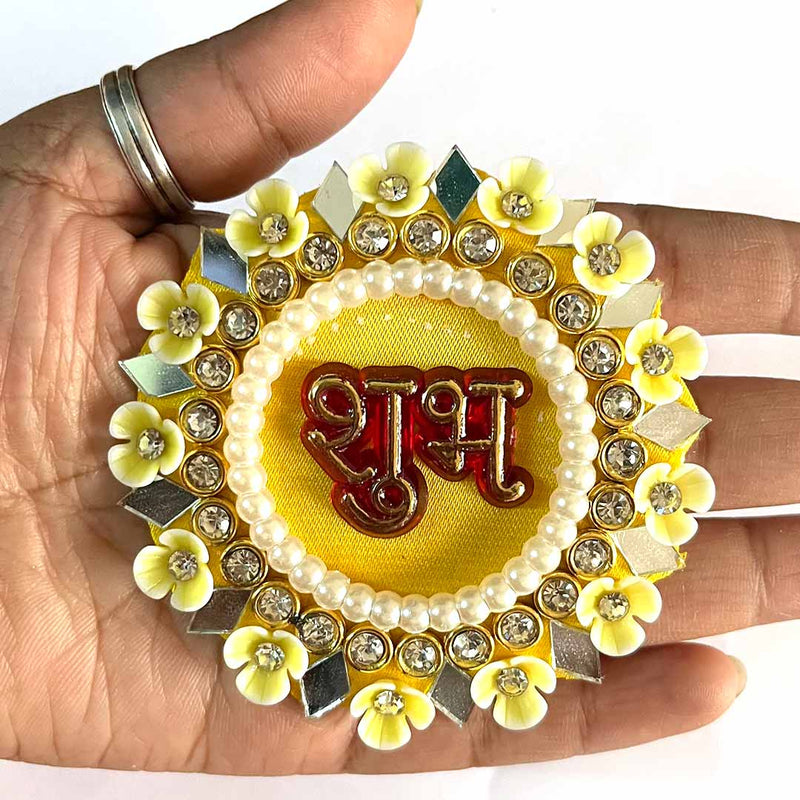 Yellow Color Shubh Labh Mirror, Beads & Rhinestones Work Booti Pack Of 4(2 Pair) For bandhanbar Decorations & DIY Craft