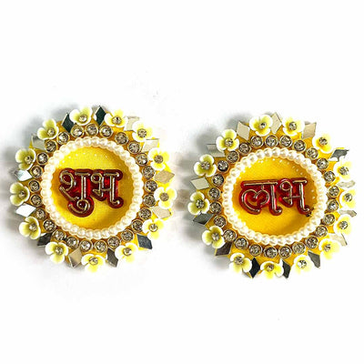 Yellow Color Shubh Labh Mirror, Beads & Rhinestones Work Booti Pack Of 4(2 Pair) For bandhanbar Decorations & DIY Craft