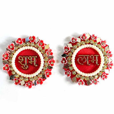 Red Color Shubh Labh Mirror, Beads & Rhinestones Work Booti Pack Of 4(2 Pair) For bandhanbar Decorations & DIY Craft