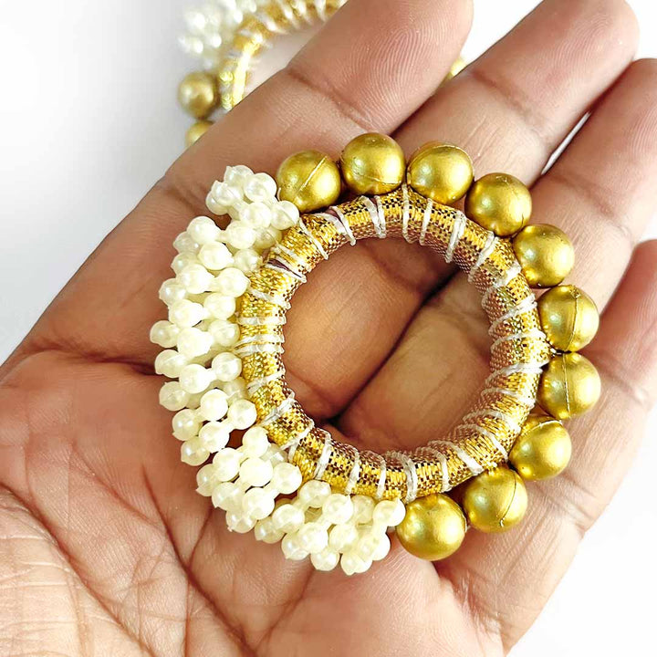 Half Golden Half Cream 2 Inches Pearl Beads Ring Set Of 10