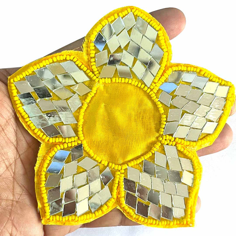 Yellow Color Beads & Mirror flower design booti pack of 4 for toran tea light decoration & Festive DIY Craft