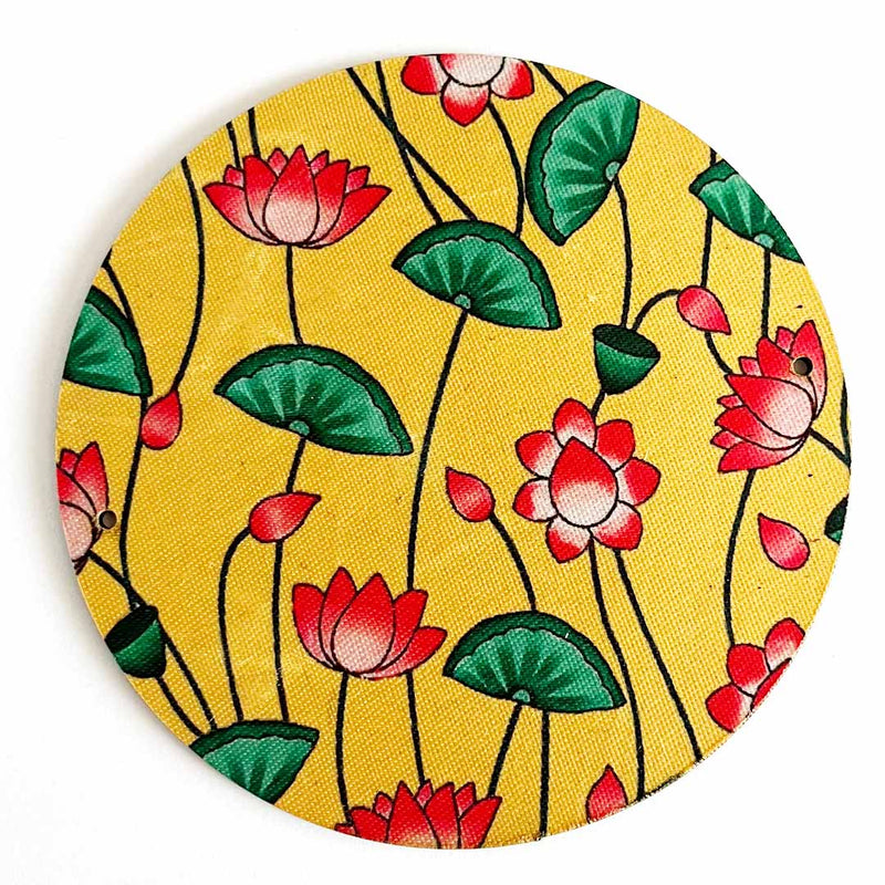 4 Inch Yellow Color Pichwai Lotus Print Fabric Plates Festival & Wedding Decorations and DIY Craft