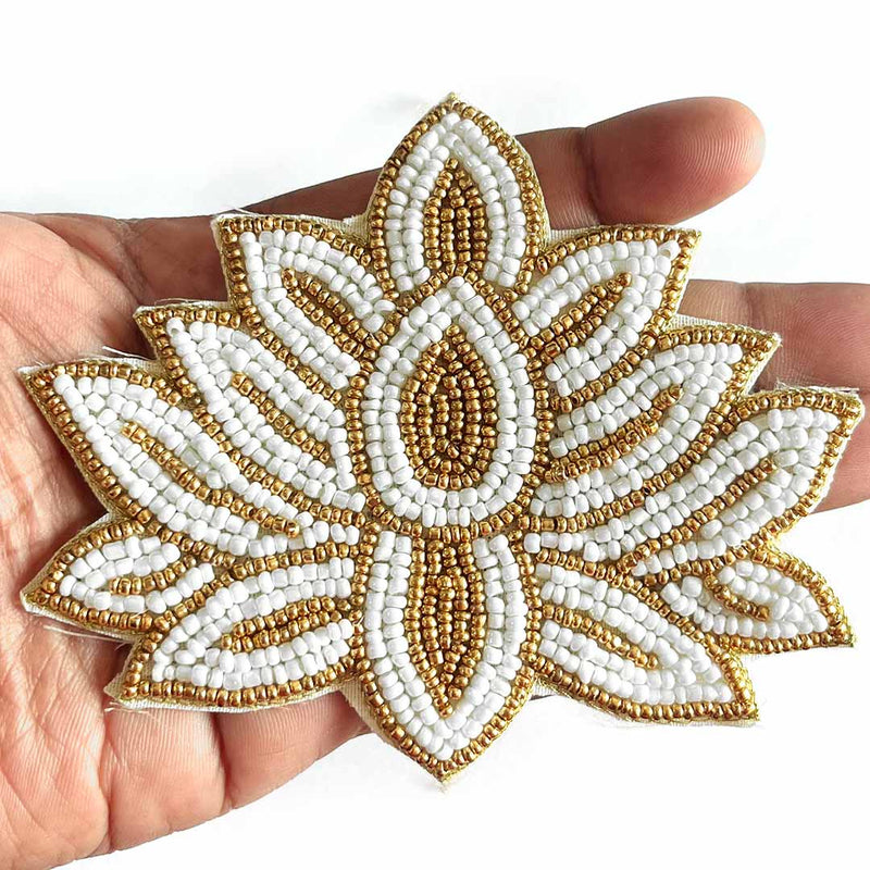 Embroidered white & Golden Beads lotus design booti pack of 4 for toran tea light decoration & Festive DIY Craft