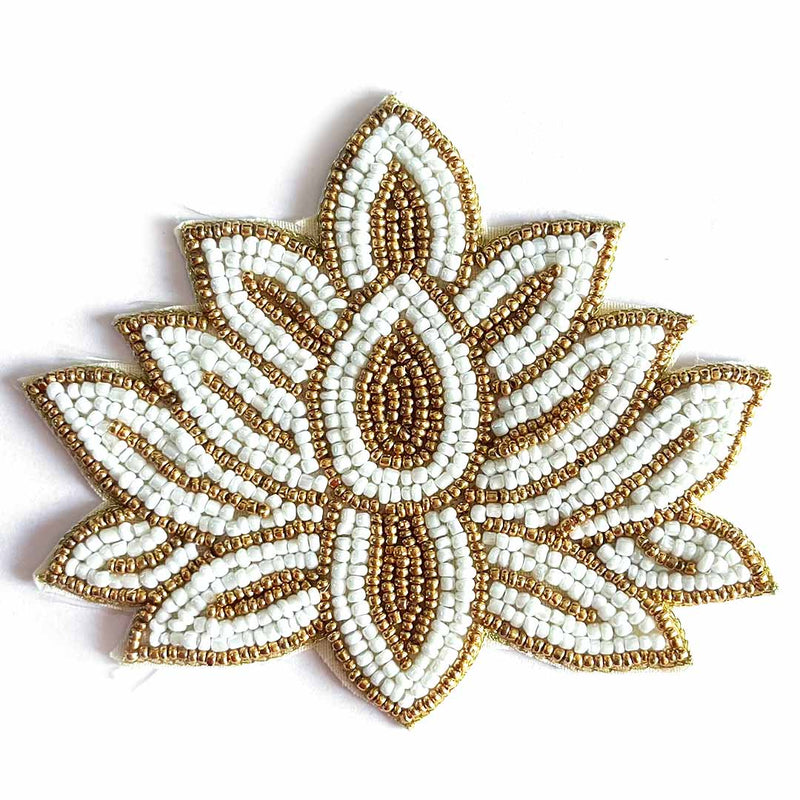 Embroidered white & Golden Beads lotus design booti pack of 4 for toran tea light decoration & Festive DIY Craft