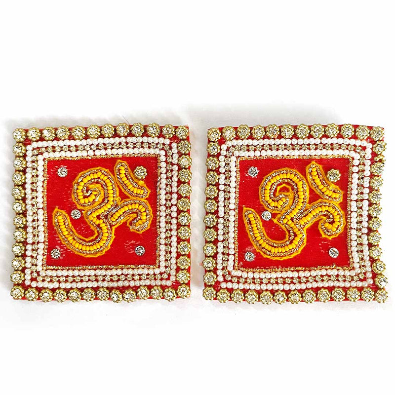 Embroidered Red & Yellow Beads Square design om booti pack of 4 for toran tea light decoration & Festive DIY Craft