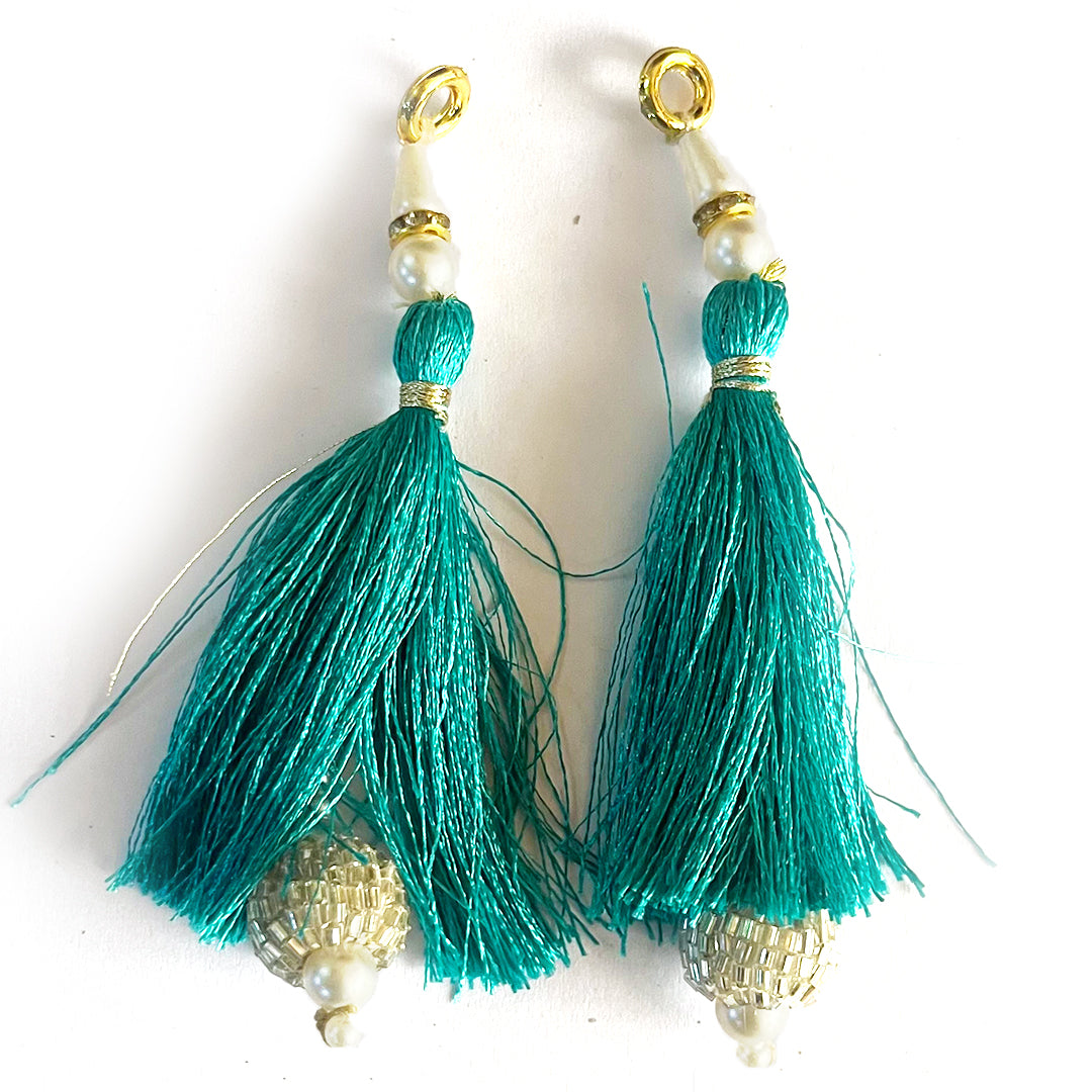 Rama Green Color Thread Cutdana Tassels With Beads Set Of 2