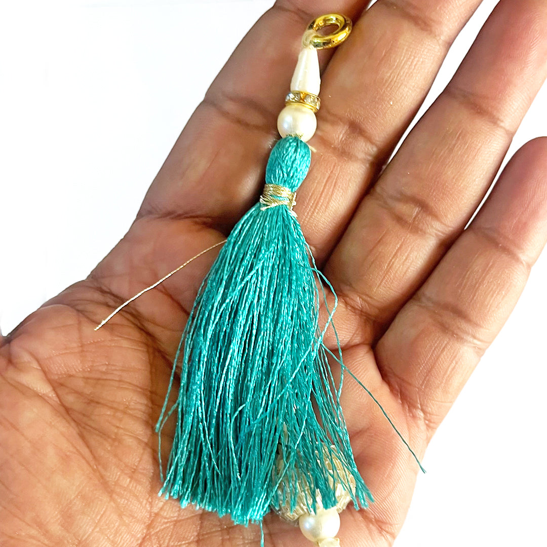 Rama Green Color Thread Cutdana Tassels With Beads Set Of 2