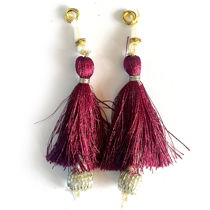 Wine Color Thread Cutdana Tassels With Beads Set Of 2