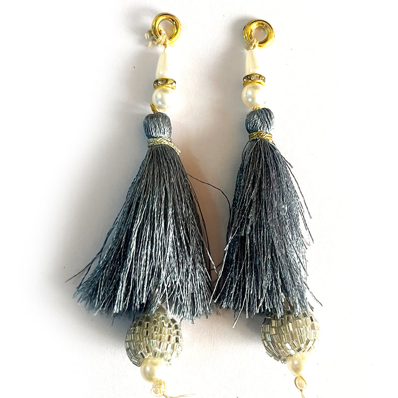 Gray Color Thread Cutdana Tassels With Beads Set Of 2