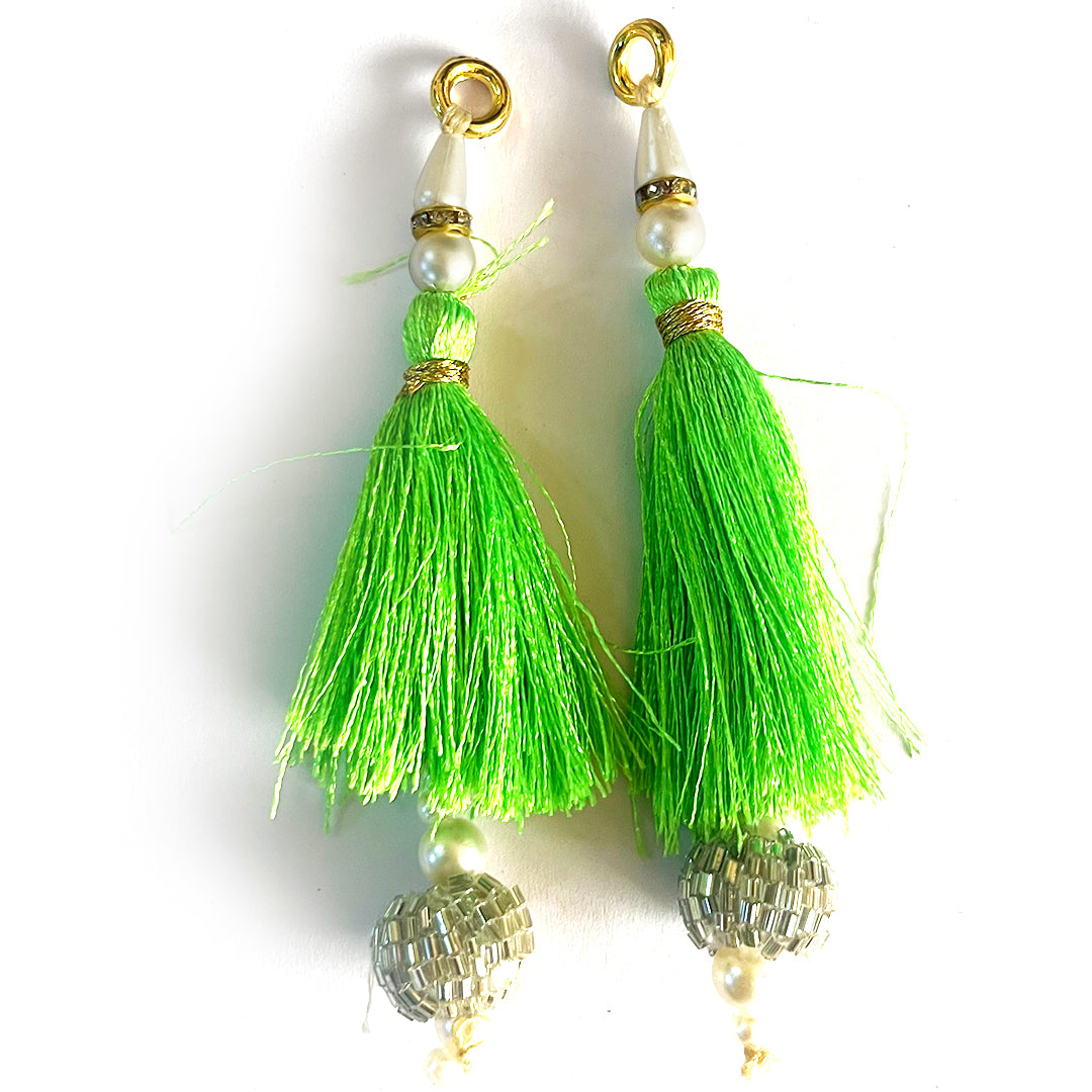 Parrot Green Color Thread Cutdana Tassels With Beads Set Of 2