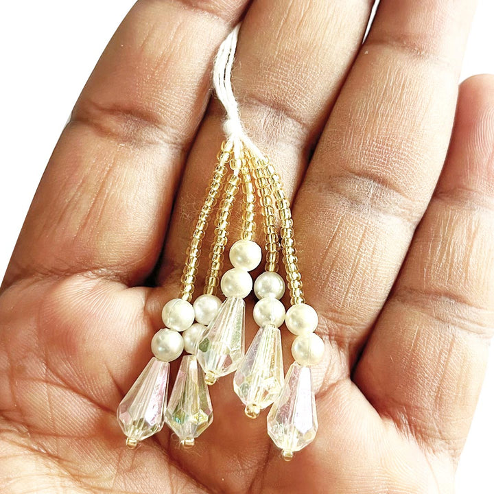 Drop Shape Transparent Beads With Golden Seed Bead Tassel Pack Of 10