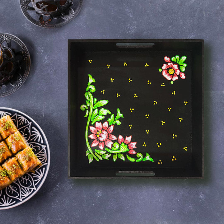 Black Square Tray With Floral Design