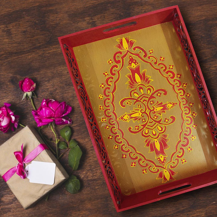 Golden And Maroon Traditional Art Tray