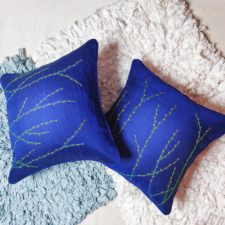 Chanderi Model Cushion Cover |Blue Hand Embroidered Chanderi Model Cushion Cover | Blue Hand Embroidered Chanderi Model | Blue color | Hand Made Cover | Cover | Cushion | cyushion cover | chanderi Model | Art | Art craft | craft | craft store online | Adikala Craft Store | Bed room | Guest room | Adikala