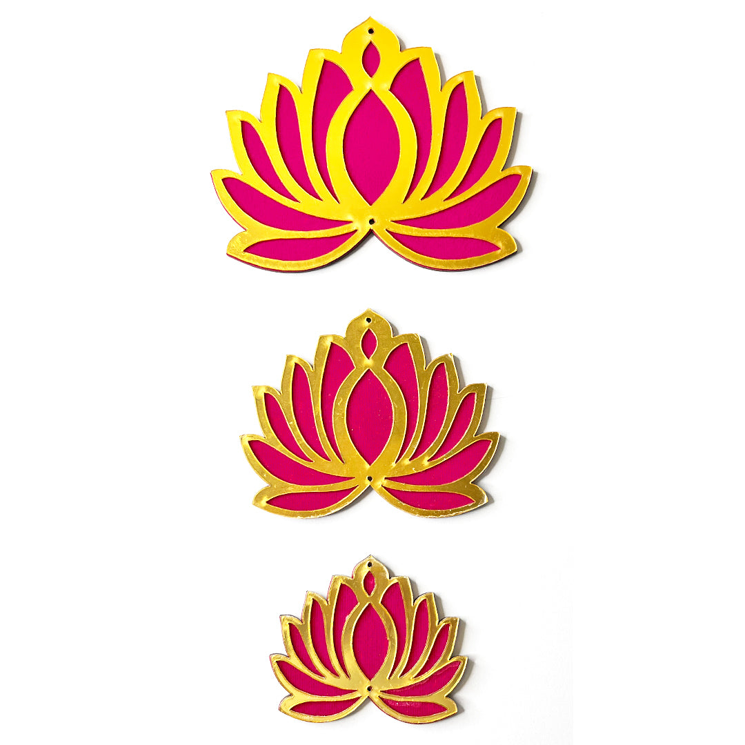 Golden Acrylic Lotus | Rani Pink Velvet | lotus flower | 3 Different Sizes Rani Pink Velvet & Golden Acrylic Lotus Set of 18