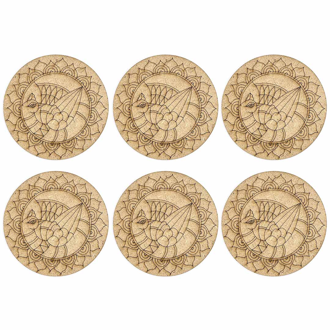 Round Shaped MDF Engraved Madhubani Peacock Design Coaster Set of 6 | MDF Peacock | Peacock Design Coaster | Set of 6 | Engraved Madhubani | Round Shaped MDF | peacock Design Coaster | Art Craft | Craft Online | Adikala | Laser Cutting | Madhubani Design | Adikala