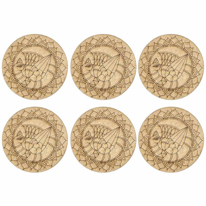 Round Shaped MDF Engraved Madhubani Peacock Design Coaster Set of 6 | MDF Peacock | Peacock Design Coaster | Set of 6 | Engraved Madhubani | Round Shaped MDF | peacock Design Coaster | Art Craft | Craft Online | Adikala | Laser Cutting | Madhubani Design | Adikala