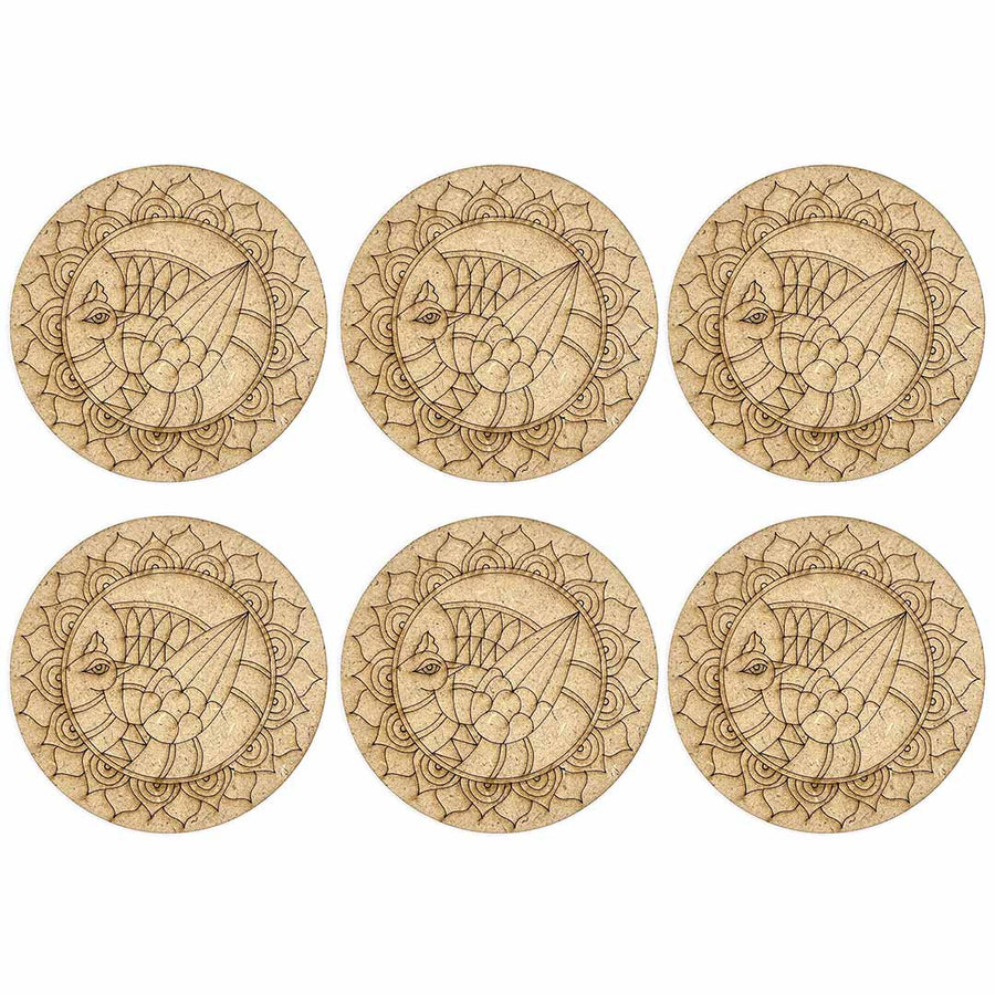 Round Shaped MDF Engraved Madhubani Peacock Design Coaster Set of 6 | MDF Peacock | Peacock Design Coaster | Set of 6 | Engraved Madhubani | Round Shaped MDF | peacock Design Coaster | Art Craft | Craft Online | Adikala | Laser Cutting | Madhubani Design | Adikala