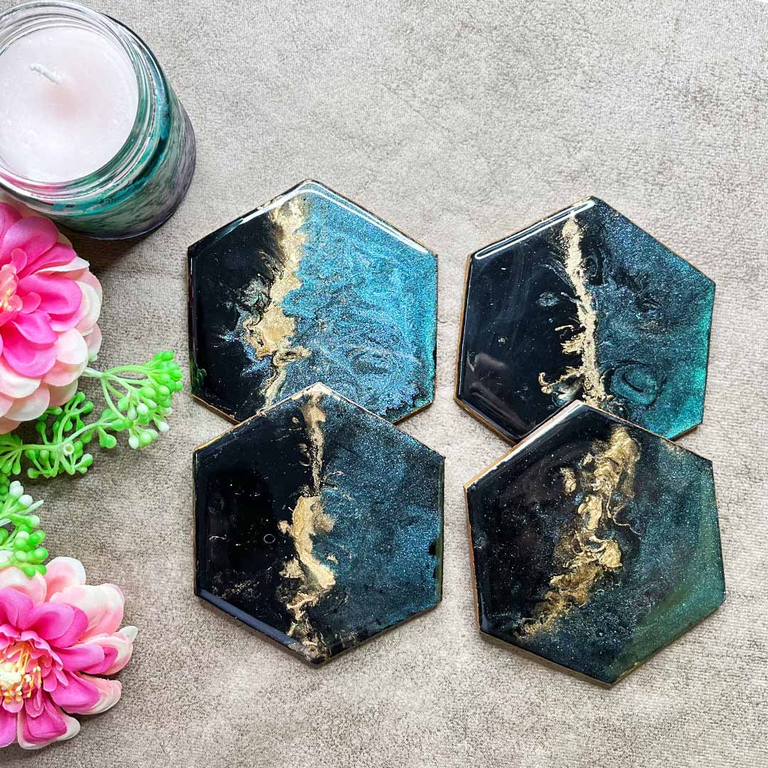 Hexagon Galaxy Design Resin Coaster Set of 2 | hexagon Galaxy | Hexagon Resin Design | Adikala Craft Store | Art Craft | Craft | Decoration | Home Deacor | Resin Art | Resin