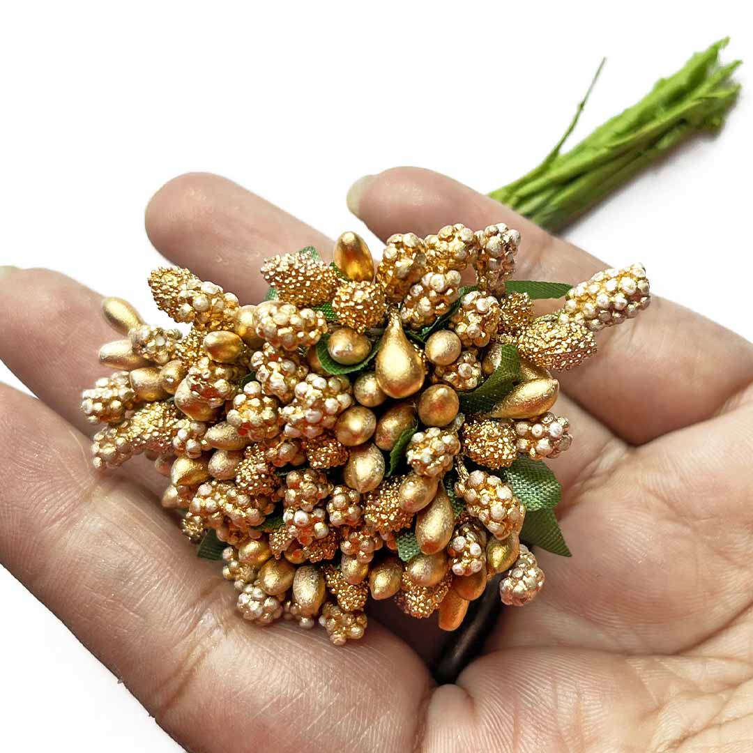 Golden Artificial Pollen Flower Set Of 4 Bunch | Artificial Pollen Flower | Pollen Flower | Adikala | Collection 