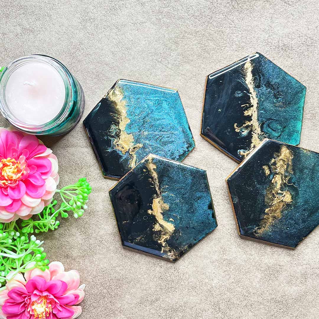 Hexagon Galaxy Design Resin Coaster Set of 2 | hexagon Galaxy | Hexagon Resin Design | Adikala Craft Store | Art Craft | Craft | Decoration | Home Deacor | Resin Art | Resin