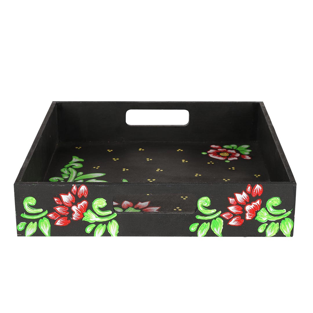 Black Square Tray With Floral Design